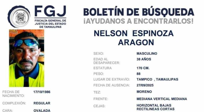 Nelson Espinoza desaparece en Tampico; autoridades activan búsqueda urgente