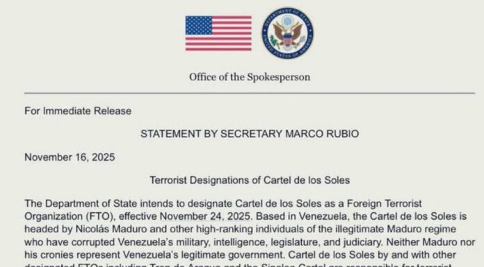 Terrorismo: EE.UU. designa al Cártel de los Soles como organización extranjera