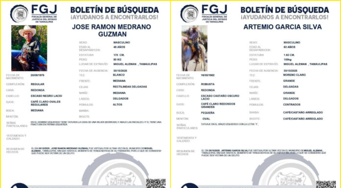 Intensifican búsqueda de dos hombres desaparecidos en Miguel Alemán