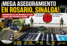 Aseguran más de 200 uniformes tácticos y equipo presuntamente utilizado por grupos delictivos en Rosario, Sinaloa