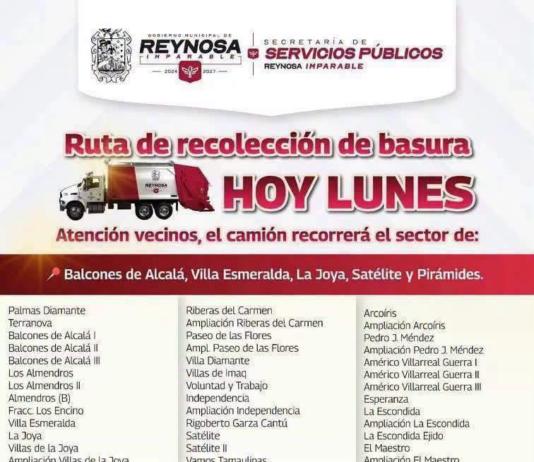 Recolección de residuos domésticos mantiene recorridos este lunes en Reynosa